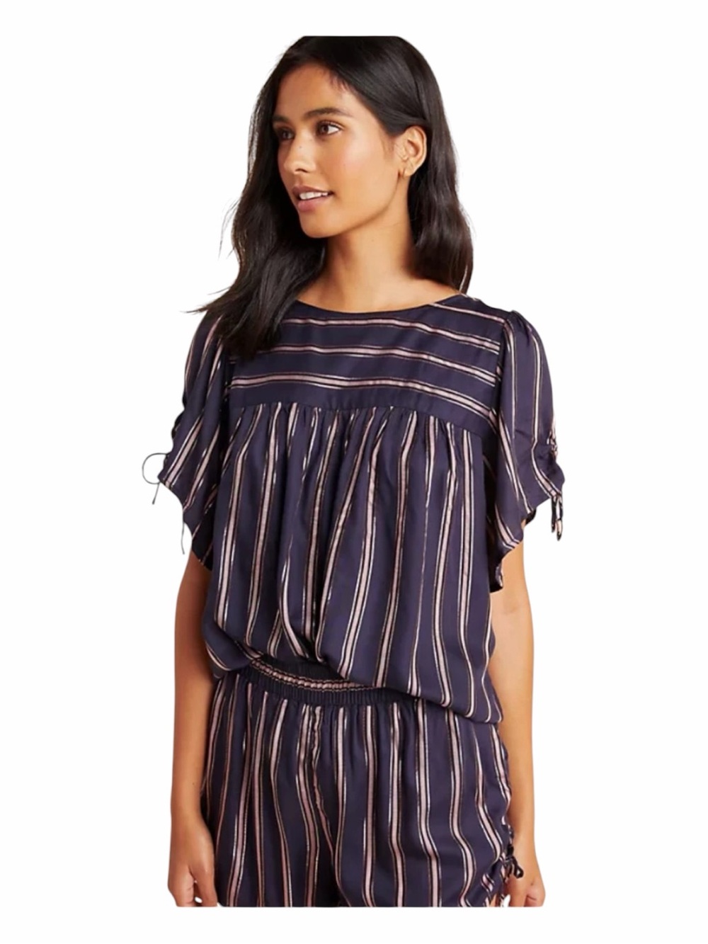 Anthropologie Cameron Metallic Striped Tie-Sleeve Boho Blouse Navy Pink L